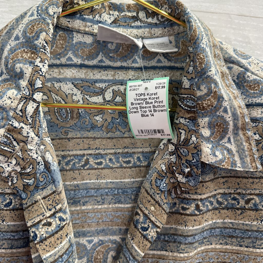 Vintage Koret Brown/ Blue Print Long Sleeve Button Down Top 14