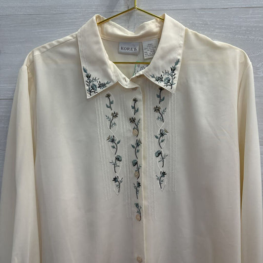 Vintage Koret Cream/ Blue Embroidered Long Sleeve Button Down Top 16W