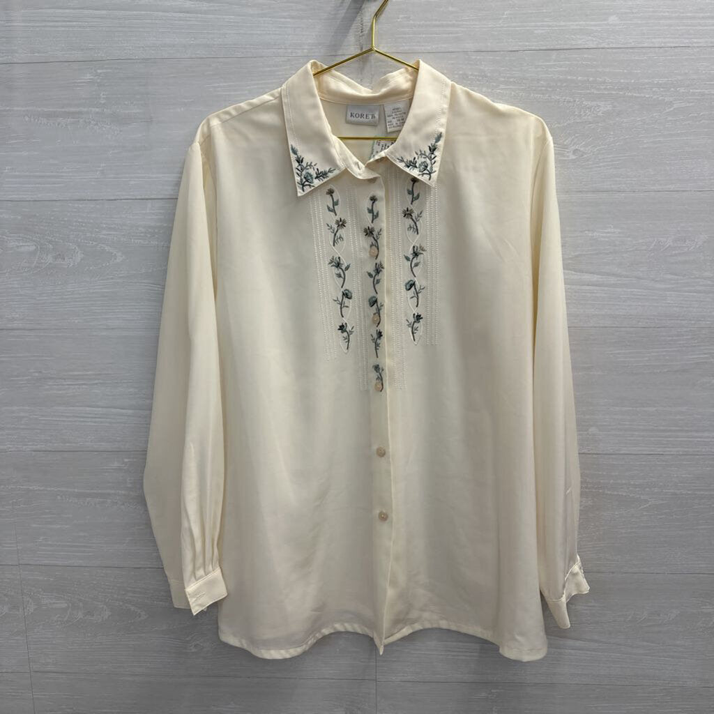 Vintage Koret Cream/ Blue Embroidered Long Sleeve Button Down Top 16W