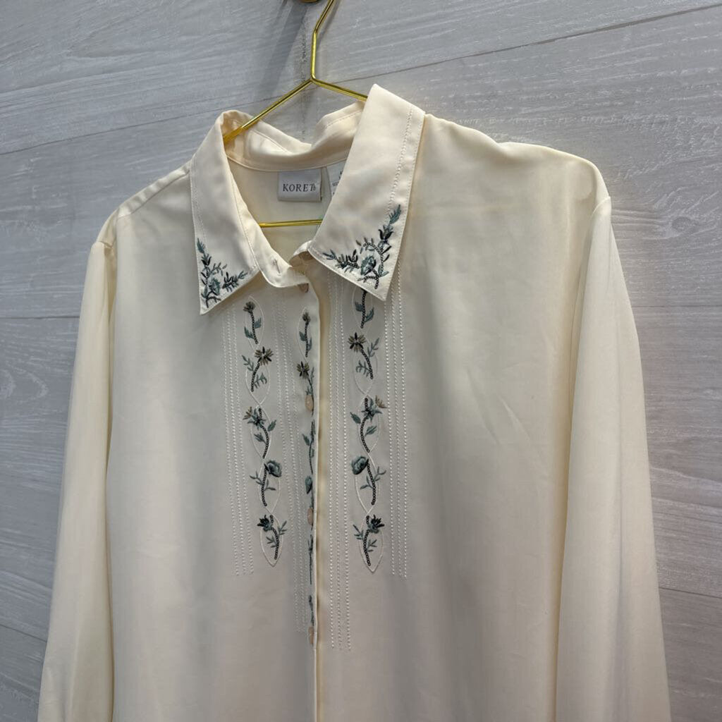 Vintage Koret Cream/ Blue Embroidered Long Sleeve Button Down Top 16W