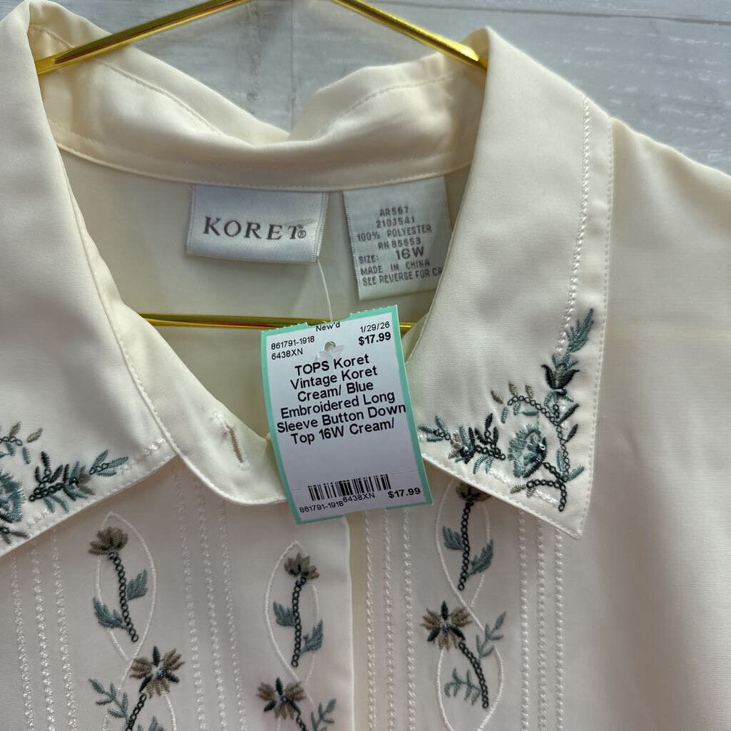 Vintage Koret Cream/ Blue Embroidered Long Sleeve Button Down Top 16W