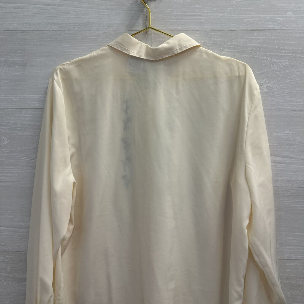 Vintage Koret Cream/ Blue Embroidered Long Sleeve Button Down Top 16W