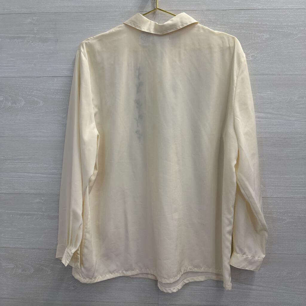 Vintage Koret Cream/ Blue Embroidered Long Sleeve Button Down Top 16W