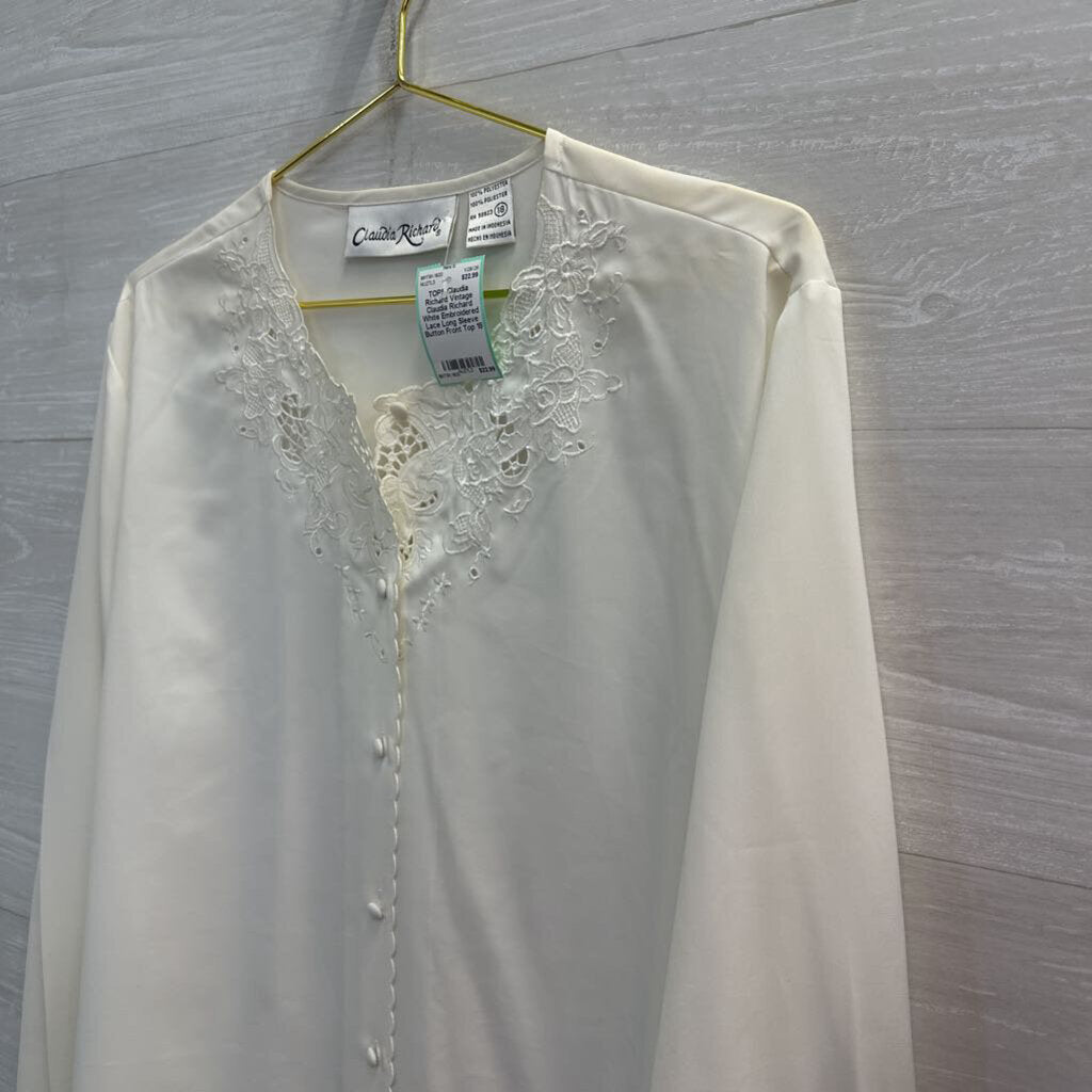 Vintage Claudia Richard White Embroidered Lace Long Sleeve Button Front Top 18