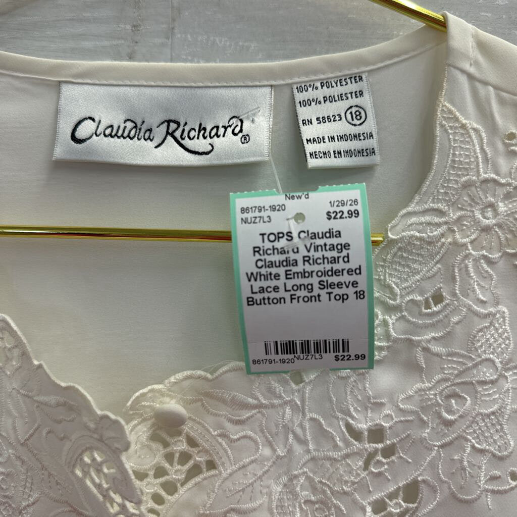 Vintage Claudia Richard White Embroidered Lace Long Sleeve Button Front Top 18