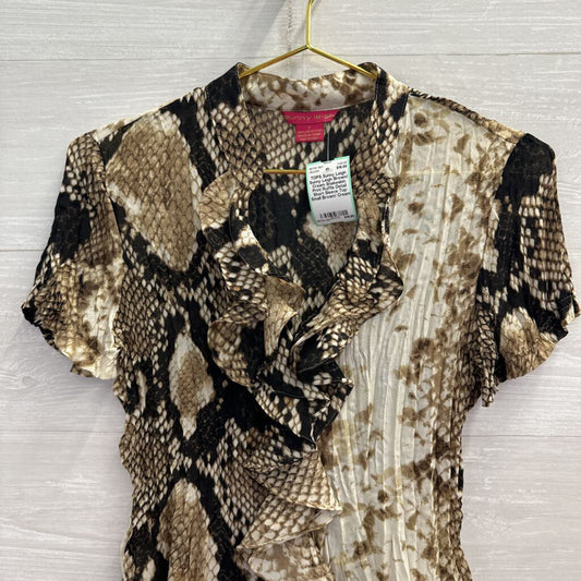 Sunny Leigh Brown/ Cream Snakeskin Print Ruffle Detail Short Sleeve Top Small