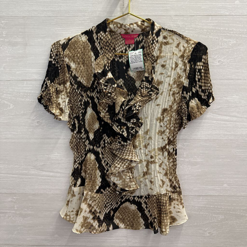 Sunny Leigh Brown/ Cream Snakeskin Print Ruffle Detail Short Sleeve Top Small