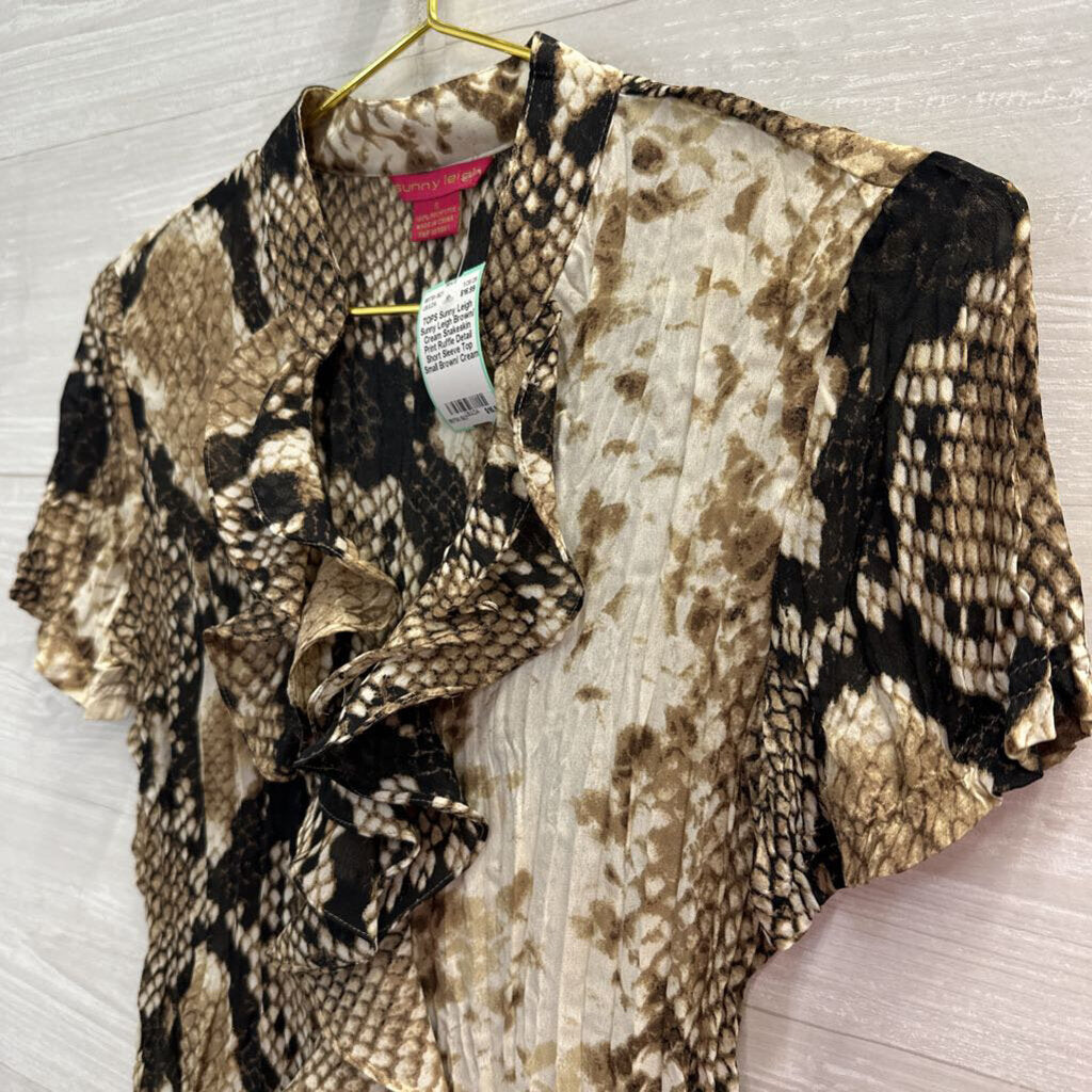 Sunny Leigh Brown/ Cream Snakeskin Print Ruffle Detail Short Sleeve Top Small