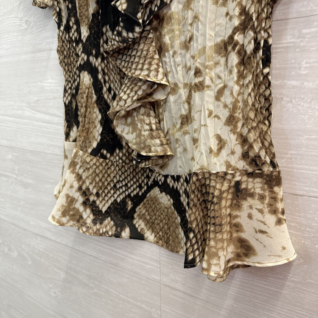 Sunny Leigh Brown/ Cream Snakeskin Print Ruffle Detail Short Sleeve Top Small