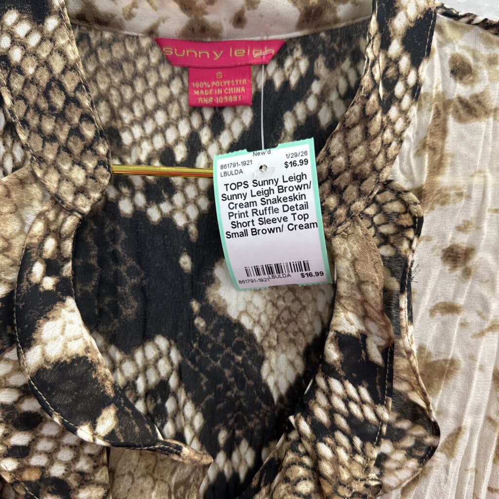 Sunny Leigh Brown/ Cream Snakeskin Print Ruffle Detail Short Sleeve Top Small