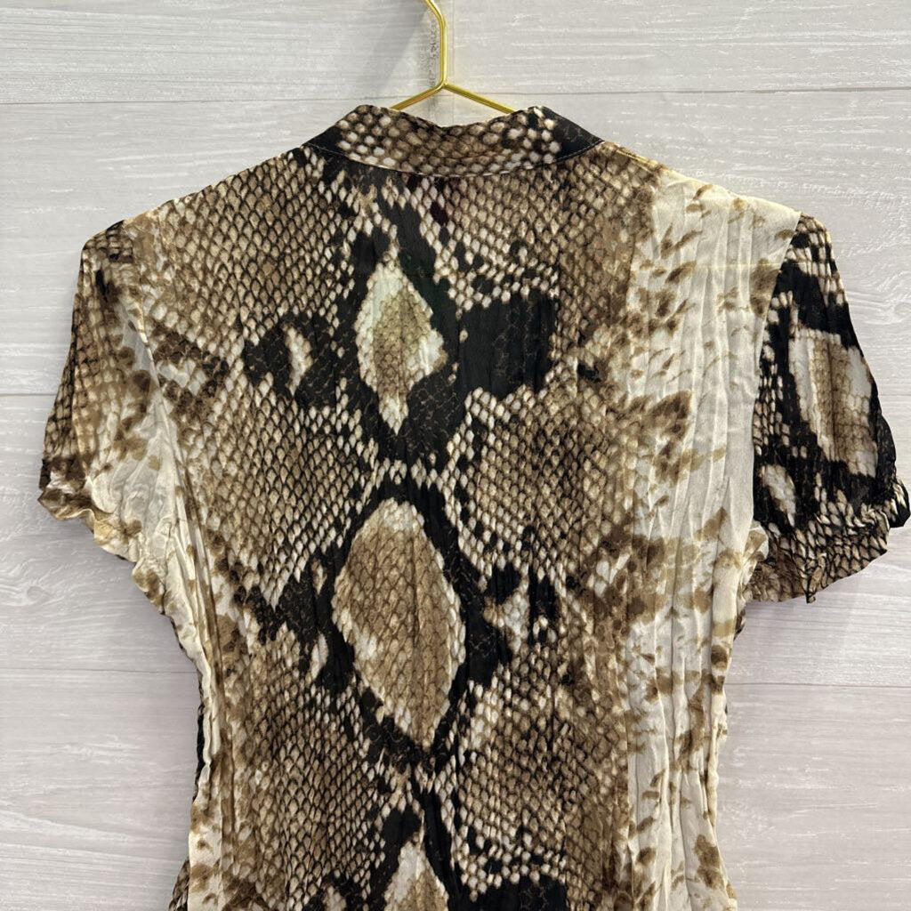 Sunny Leigh Brown/ Cream Snakeskin Print Ruffle Detail Short Sleeve Top Small