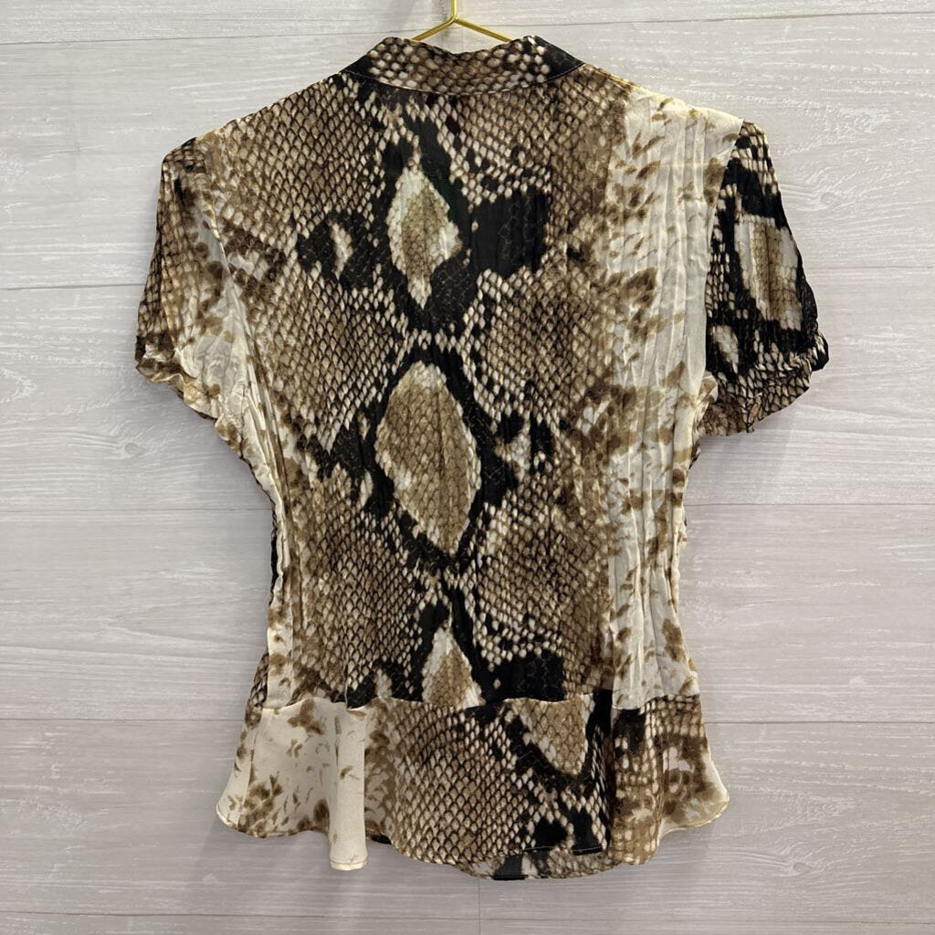 Sunny Leigh Brown/ Cream Snakeskin Print Ruffle Detail Short Sleeve Top Small