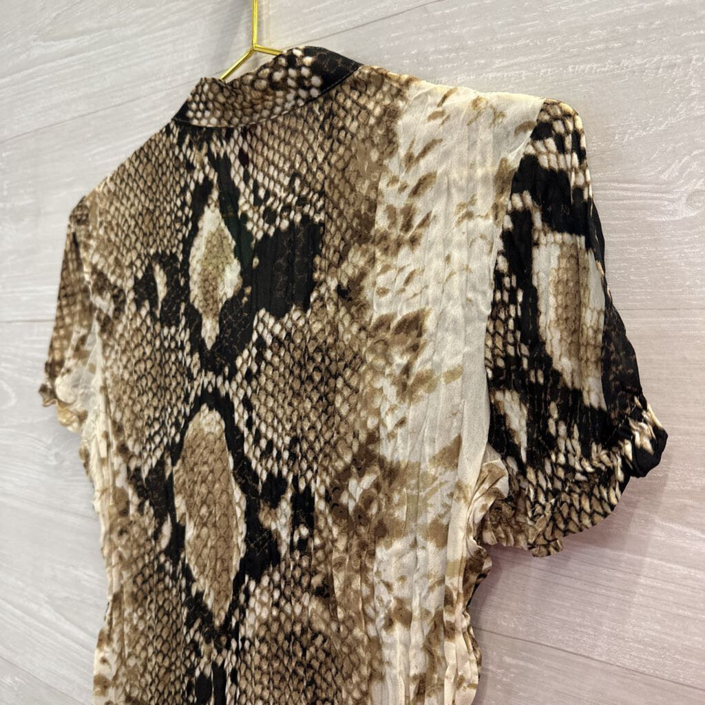 Sunny Leigh Brown/ Cream Snakeskin Print Ruffle Detail Short Sleeve Top Small