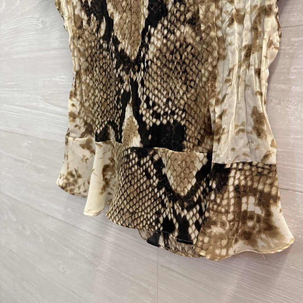 Sunny Leigh Brown/ Cream Snakeskin Print Ruffle Detail Short Sleeve Top Small