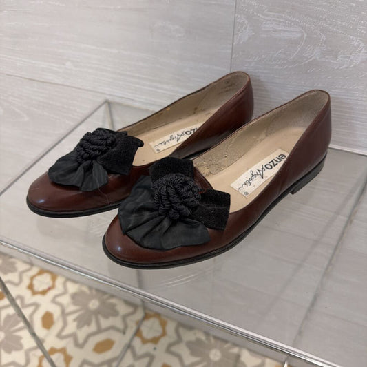 Vintage Enzo Brown Leather/ Black Bow Detail Flats 7.5