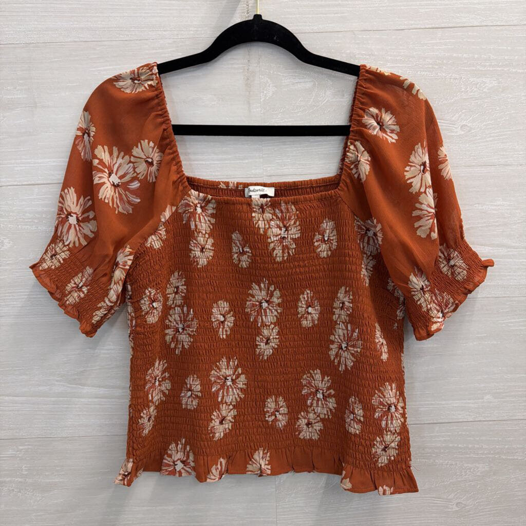 Madewell Orange/ Beige Flower Print Smocked Short Sleeve Top Medium