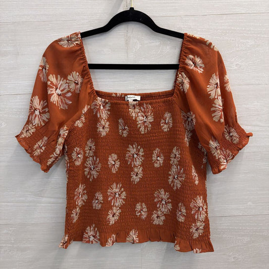 Madewell Orange/ Beige Flower Print Smocked Short Sleeve Top Medium