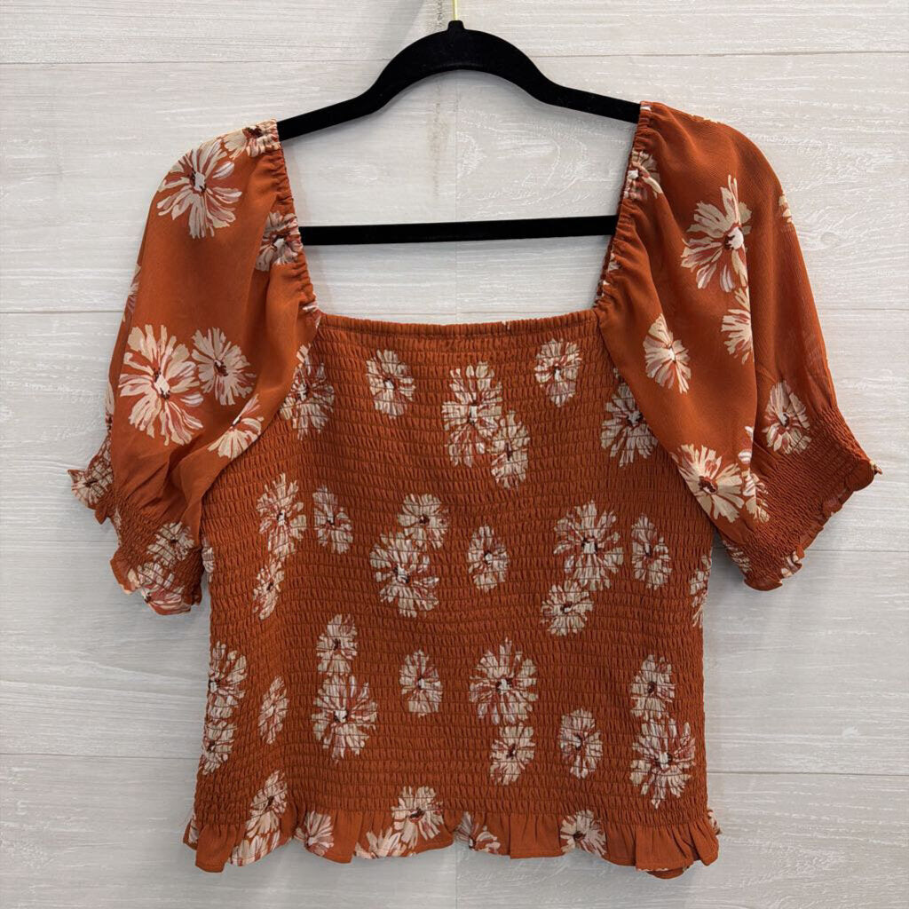 Madewell Orange/ Beige Flower Print Smocked Short Sleeve Top Medium