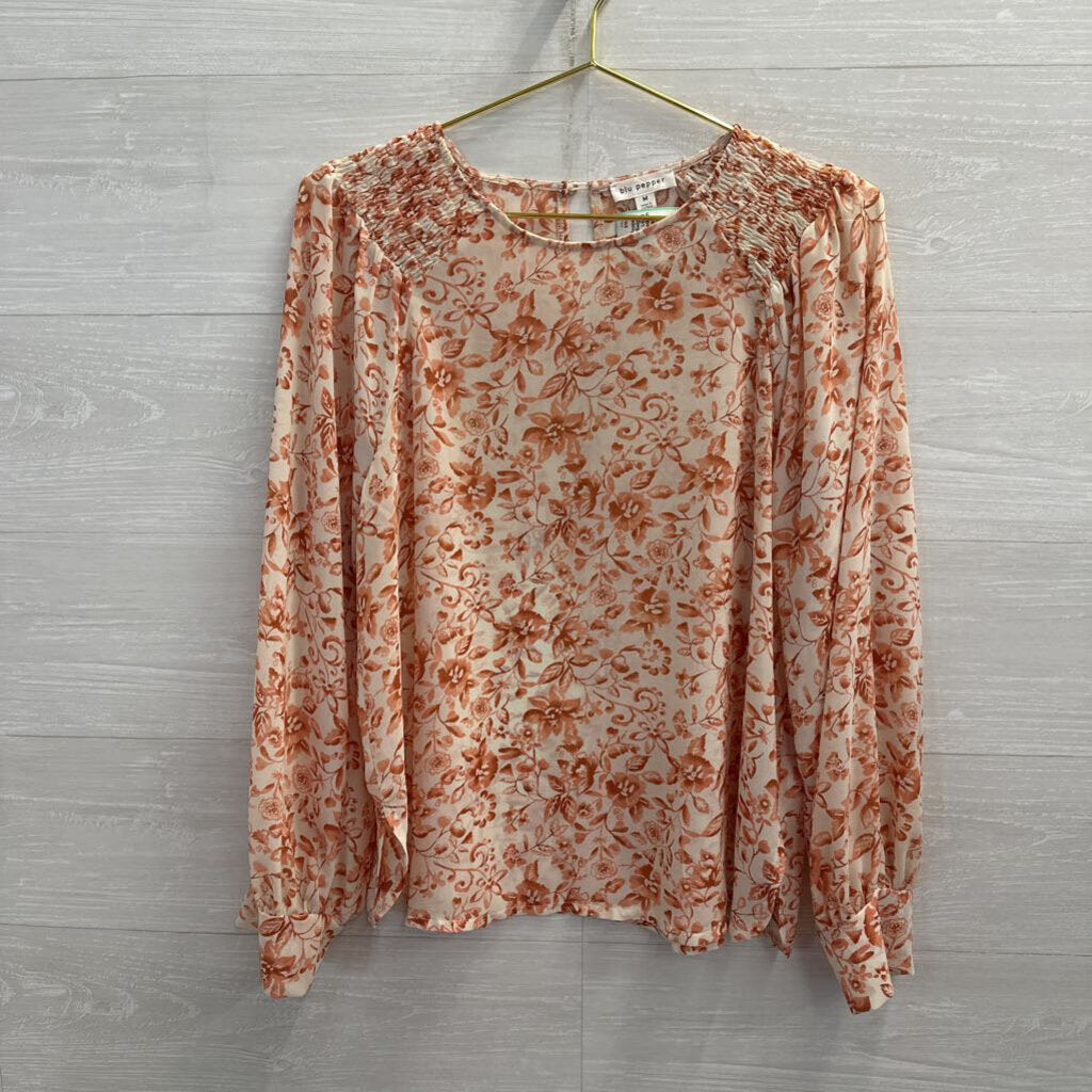 Blu Pepper Beige/ Orange Print Long Sleeve Top Medium