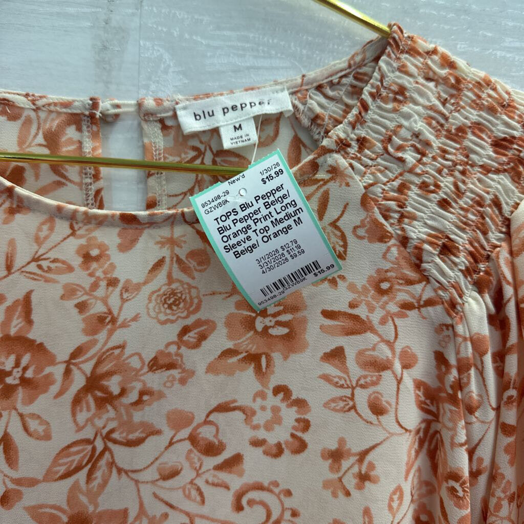 Blu Pepper Beige/ Orange Print Long Sleeve Top Medium