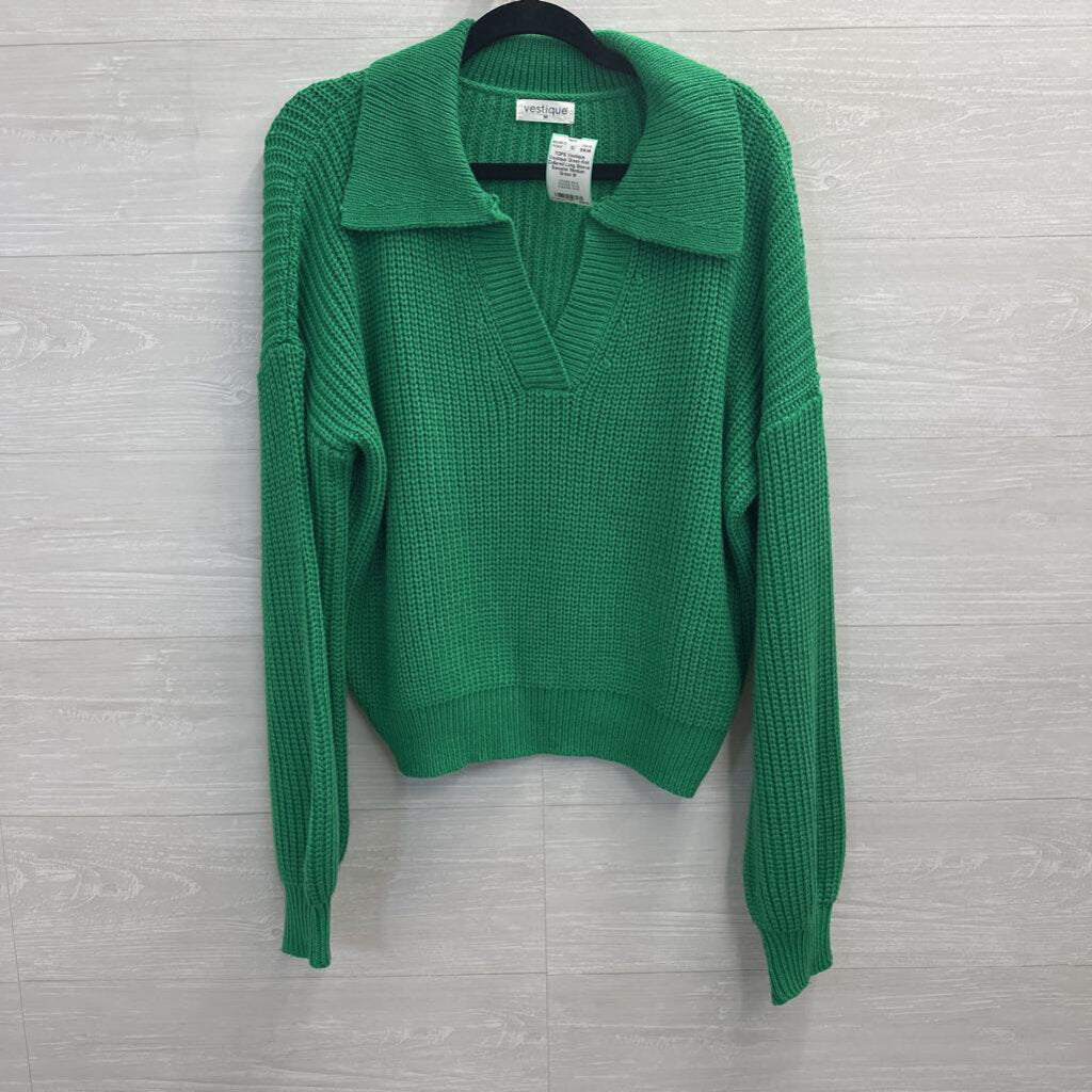 Vestique Green Knit Collared Long Sleeve Sweater Medium
