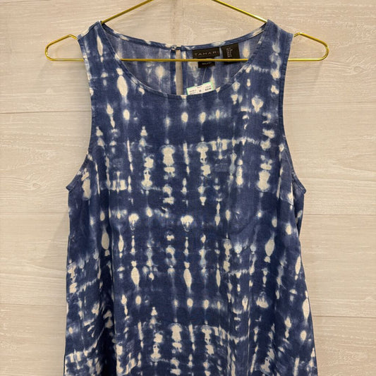 Tahari Blue/ White Print 100% Linen Sleeveless Shift Dress Small