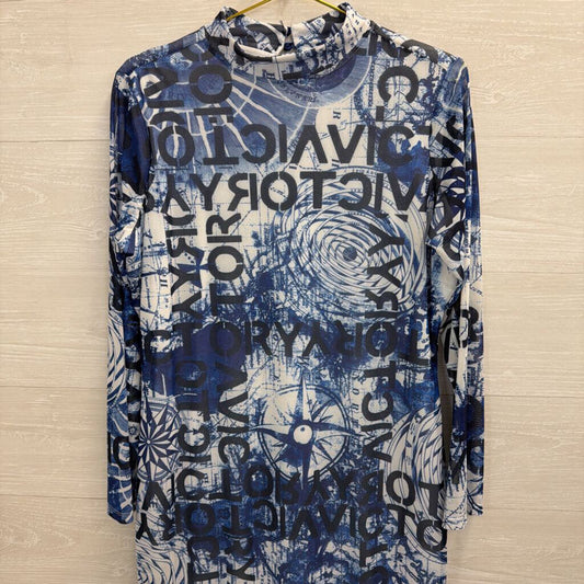 Ashley Stewart Blue/ White Graphic Print Mock Neck Dress 14/16