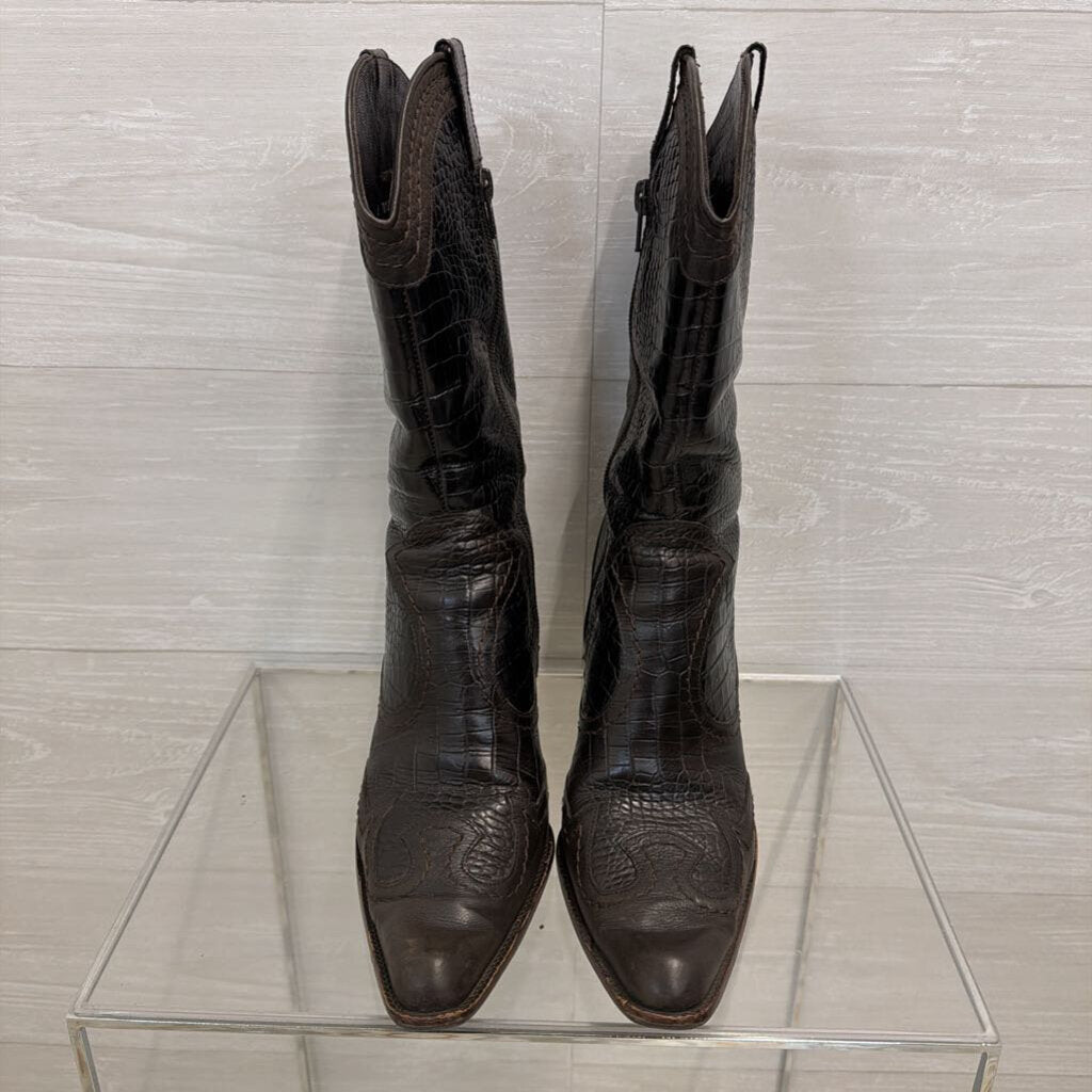 Stuart Weitzman Dark Brown Crocodile Embossed Leather Western Heeled Boots 9