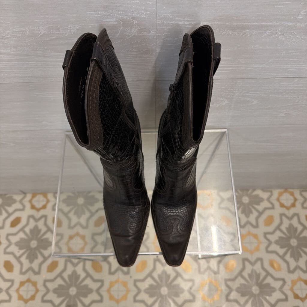 Stuart Weitzman Dark Brown Crocodile Embossed Leather Western Heeled Boots 9