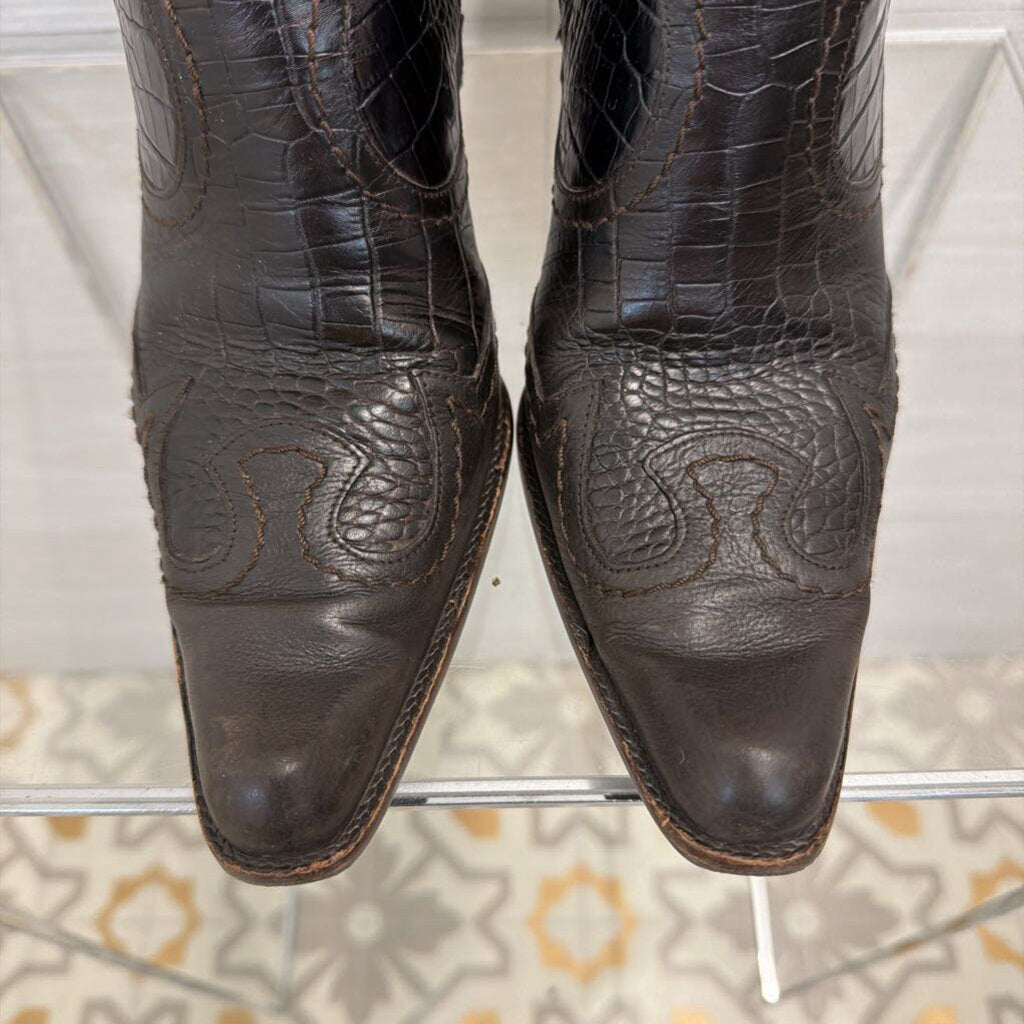 Stuart Weitzman Dark Brown Crocodile Embossed Leather Western Heeled Boots 9