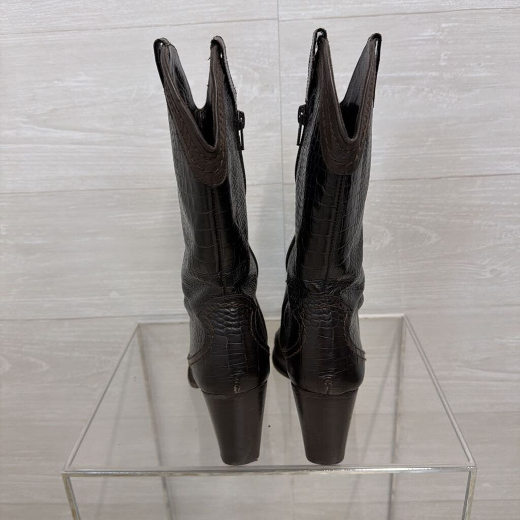 Stuart Weitzman Dark Brown Crocodile Embossed Leather Western Heeled Boots 9
