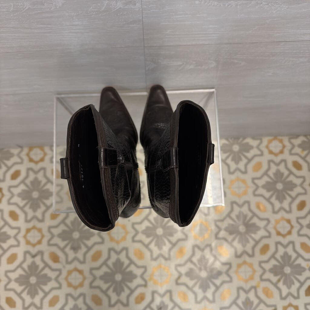 Stuart Weitzman Dark Brown Crocodile Embossed Leather Western Heeled Boots 9