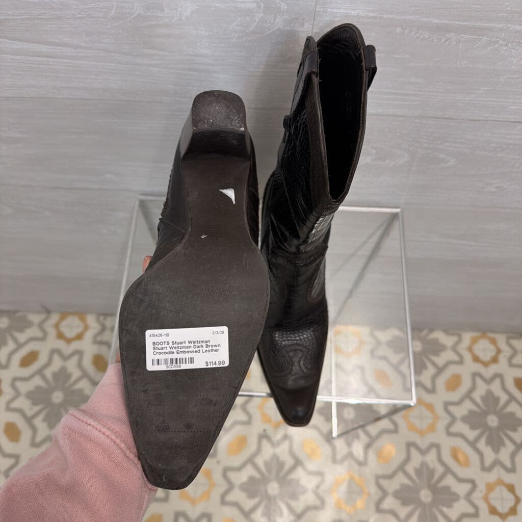 Stuart Weitzman Dark Brown Crocodile Embossed Leather Western Heeled Boots 9