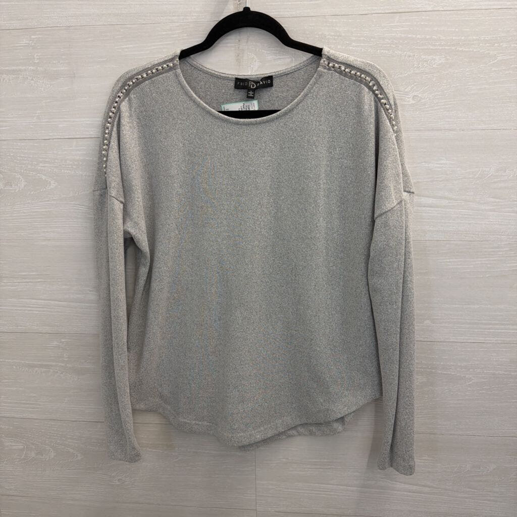 Fred David Grey Pearl Shoulder Detail Long Sleeve Top Large
