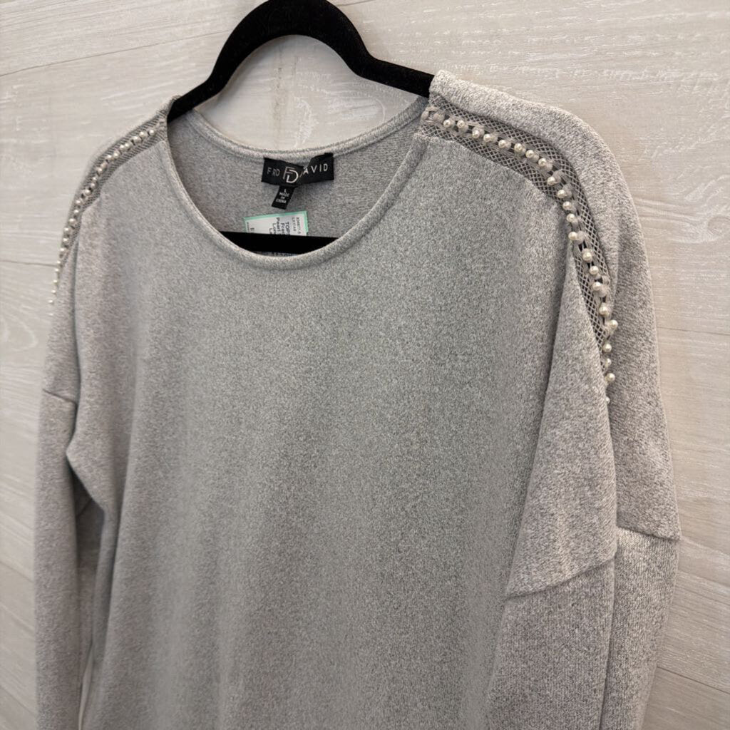 Fred David Grey Pearl Shoulder Detail Long Sleeve Top Large