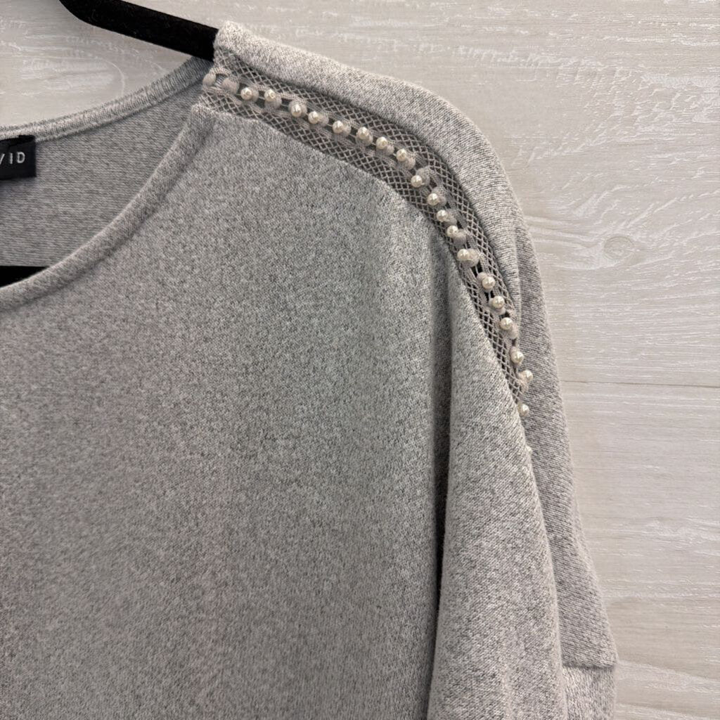 Fred David Grey Pearl Shoulder Detail Long Sleeve Top Large