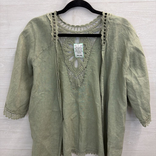 Valentina Naldi Green 100% Linen Open Front Lace Detail Kimono Top One Size
