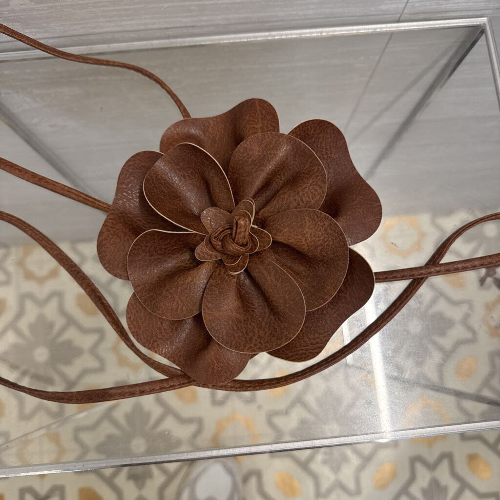 Brown Leather Flower Tie Belt One Size