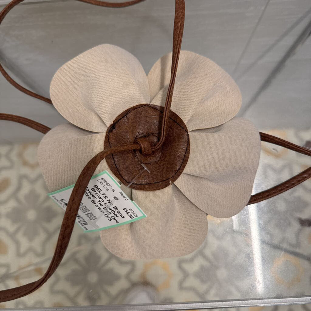 Brown Leather Flower Tie Belt One Size