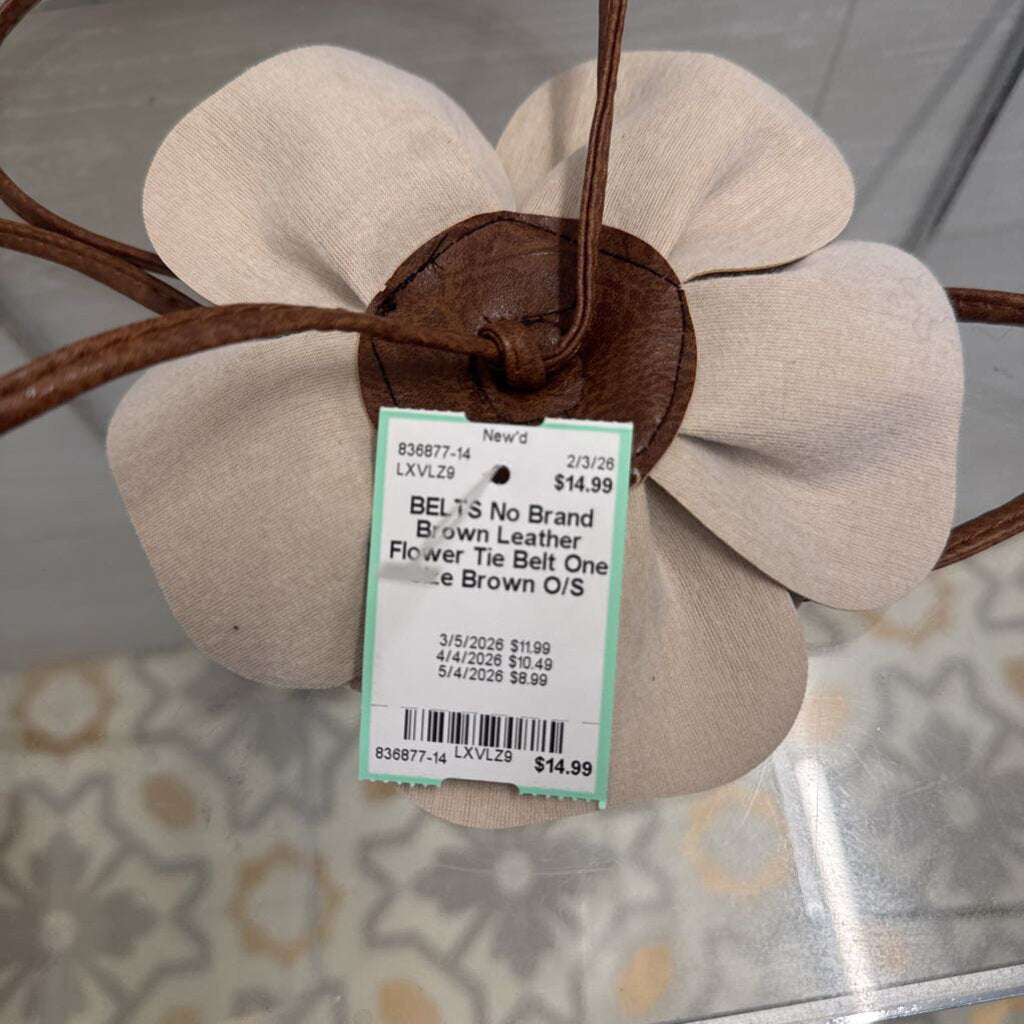 Brown Leather Flower Tie Belt One Size