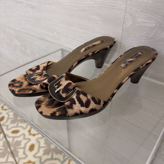 Bandolino Brown/ Black Leopard Print Open Toe Slip On Heels 8