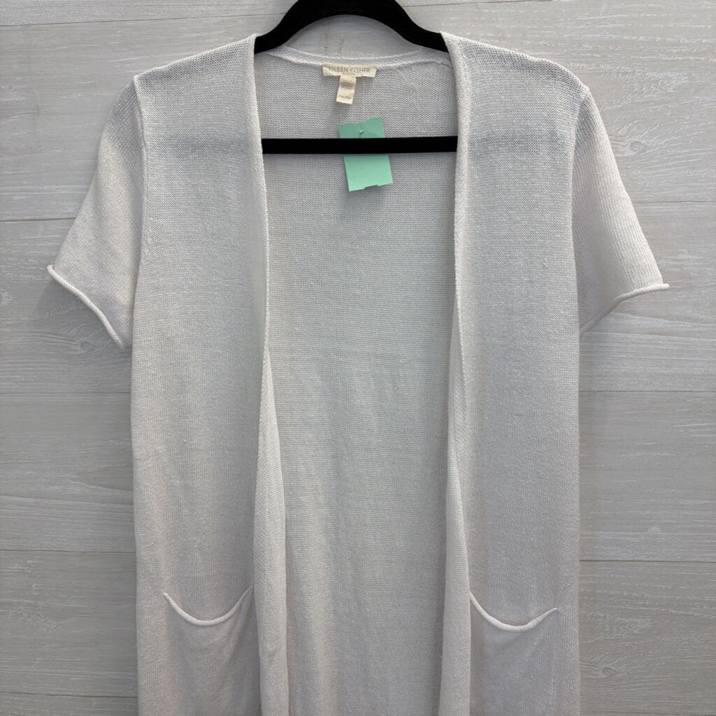 Eileen Fisher White Knit Short Sleeve Open Front Sweater Medium Petite