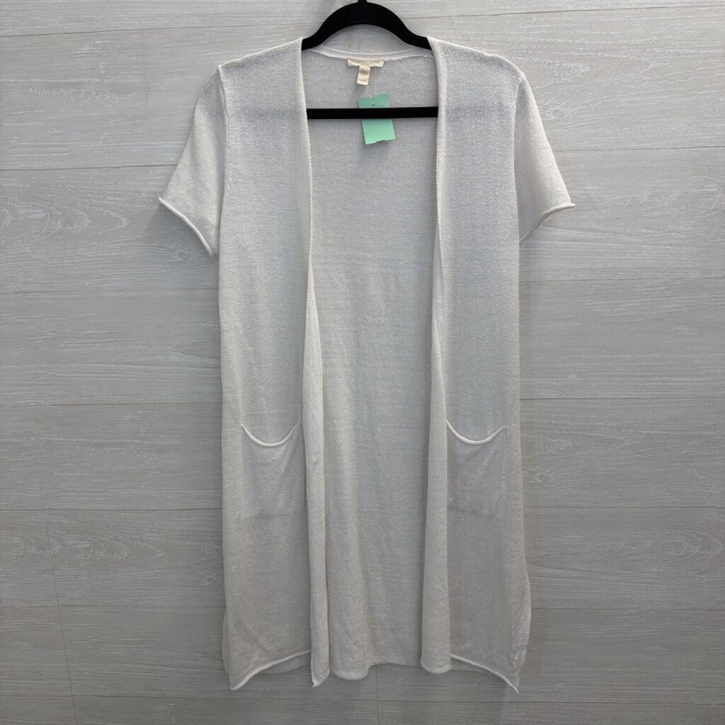 Eileen Fisher White Knit Short Sleeve Open Front Sweater Medium Petite