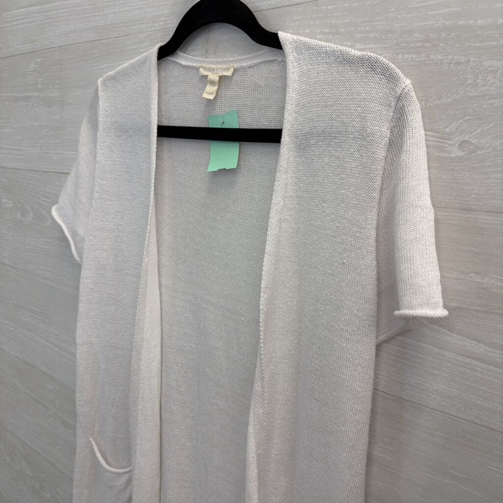 Eileen Fisher White Knit Short Sleeve Open Front Sweater Medium Petite