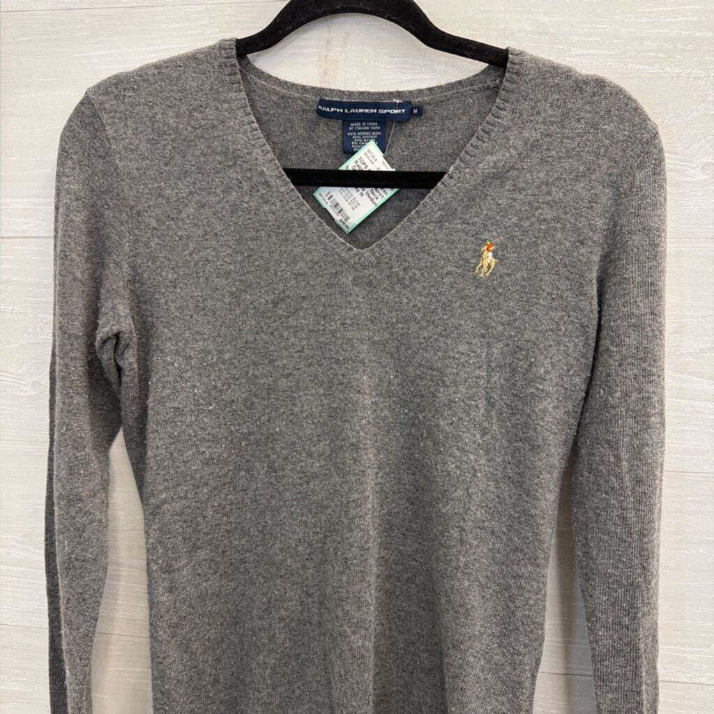 Ralph Lauren Sport Grey Knit V Neck Sweater Top Medium
