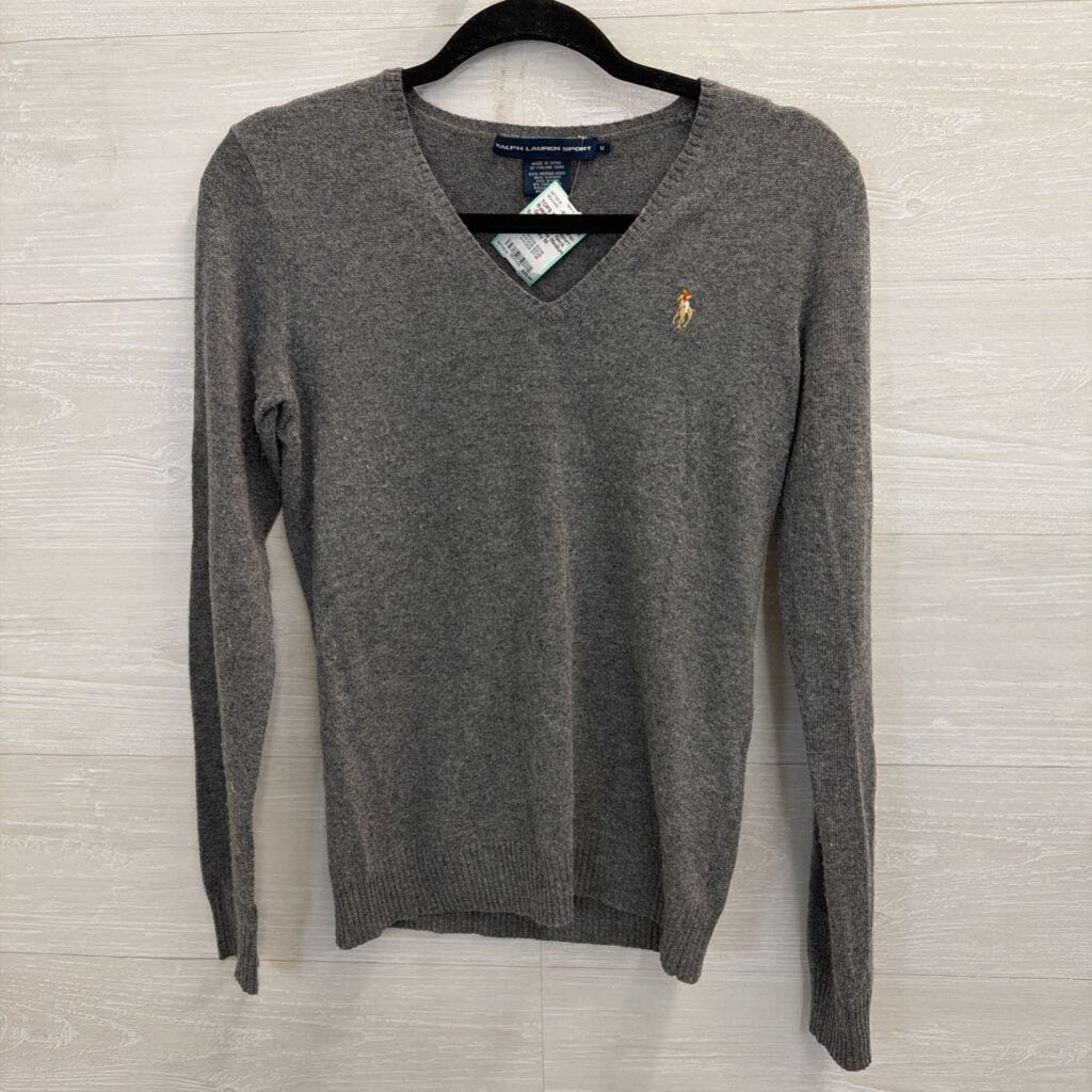 Ralph Lauren Sport Grey Knit V Neck Sweater Top Medium