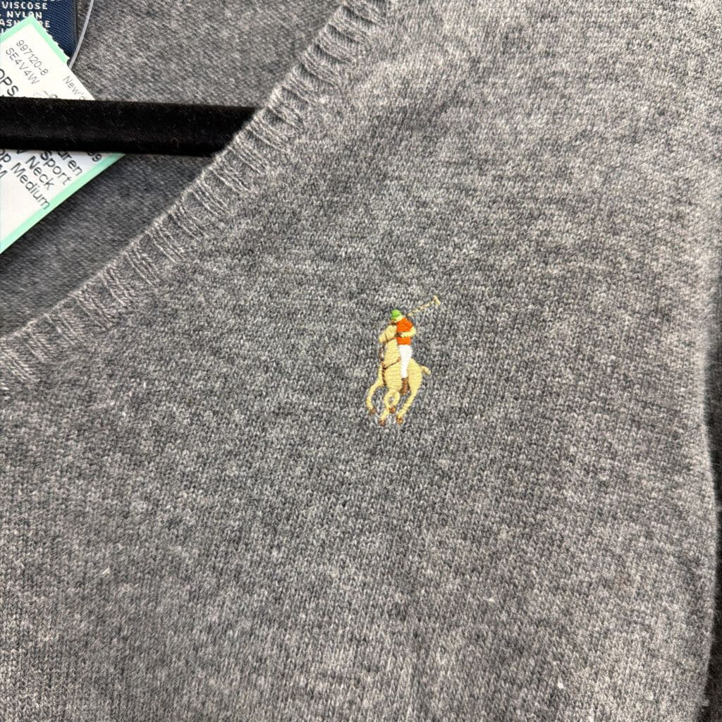 Ralph Lauren Sport Grey Knit V Neck Sweater Top Medium