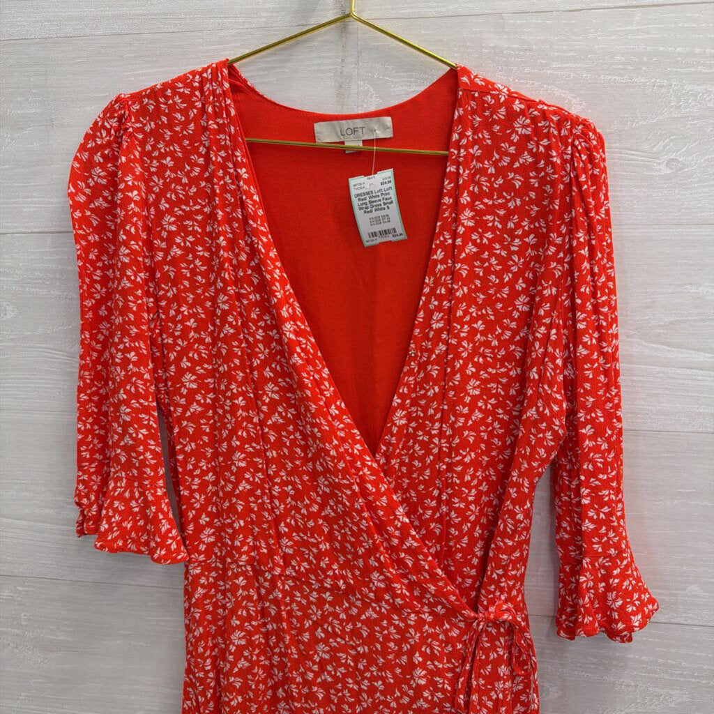 Loft Red/ White Print Long Sleeve Faux Wrap Dress Small