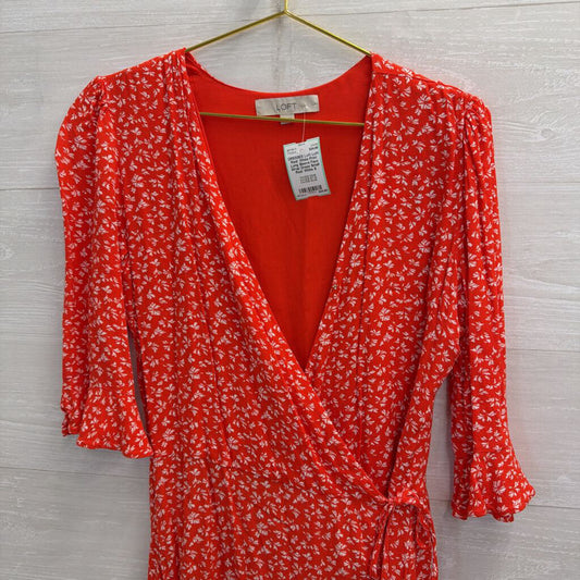 Loft Red/ White Print Long Sleeve Faux Wrap Dress Small
