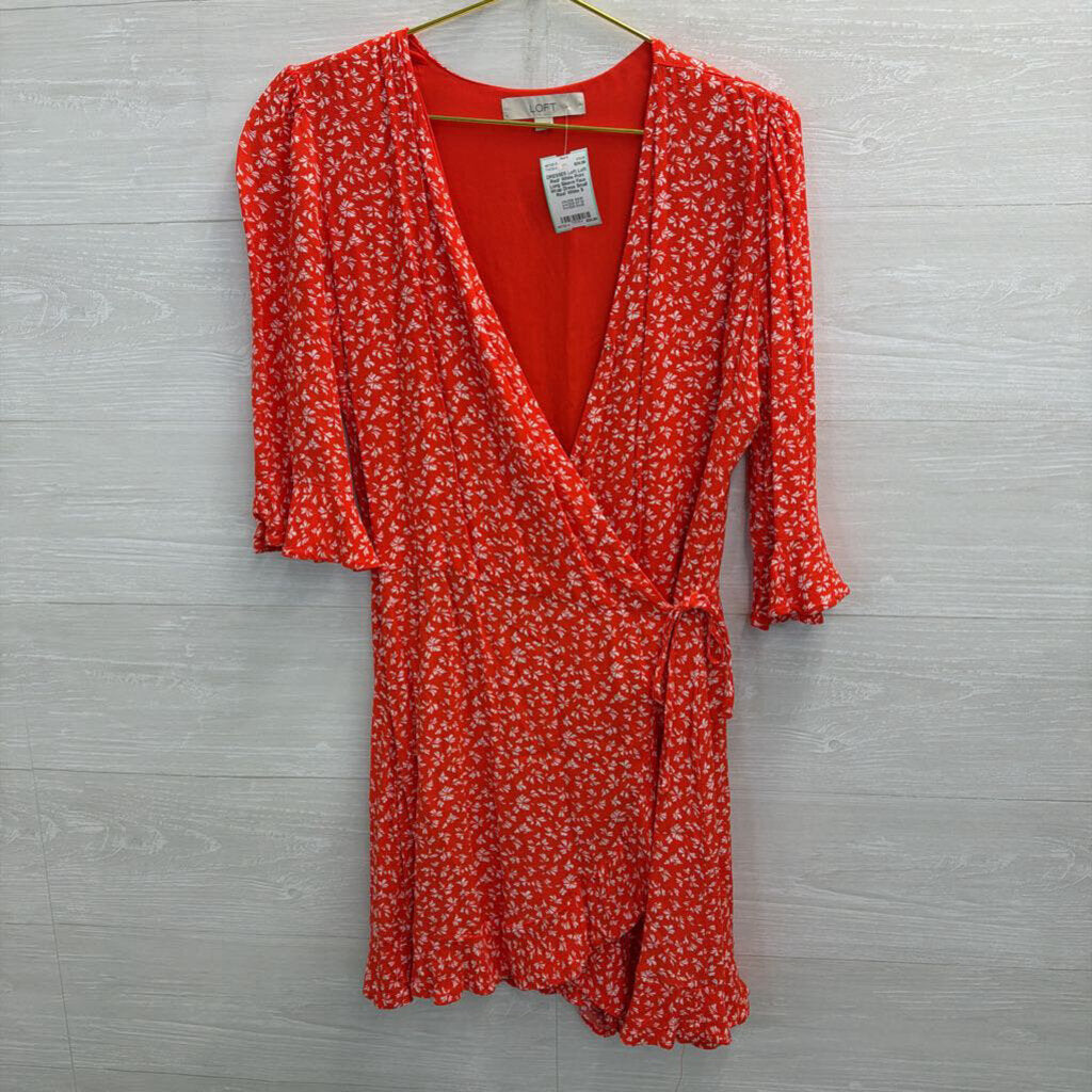 Loft Red/ White Print Long Sleeve Faux Wrap Dress Small